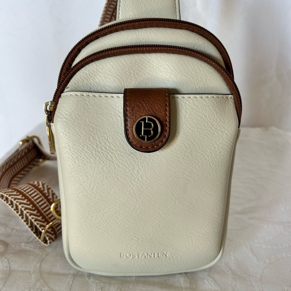 NWOT BOSTANTEN PU leather Cream and Brown Crossbody Bag - Picture 2 of 9